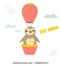 Funny sloth flying in air balloon, Cute illustration for prints, baby shower cards, greetings