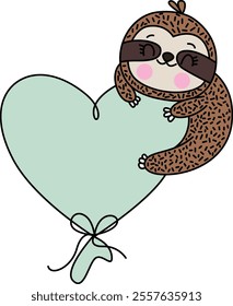 Funny sloth flying on top of heart shaped balloon
