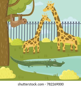 Funny sloth, giraffe and crocodile characters in zoo park. Tropical animals and wildlife. Tree, bushes and pond. Cartoon flat vector design for poster or invitation