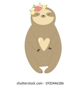 Funny sloth girl wearing a flower wreath. Vector illustration of a cute animal.