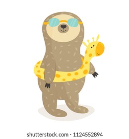 Funny sloth going to swim. Summertime design.