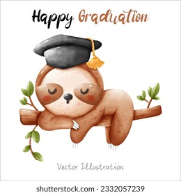 Funny Sloth Graduation Cute Watercolor Vector File , Clipart cartoon style For banner, poster, card, t shirt, sticker