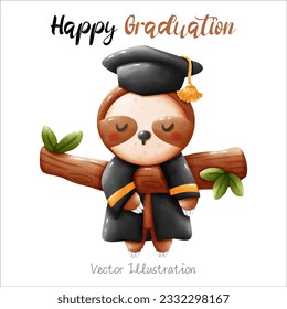 Funny Sloth Graduation Cute Watercolor Vector File , Clipart cartoon style For banner, poster, card, t shirt, sticker