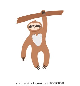 Funny sloth hanging on one paw on tree branch. Hand drawn playful tropical bear character in wild