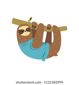 Funny sloth hanging on the tree, lazy exotic rainforest animal character vector Illustrations on a white background