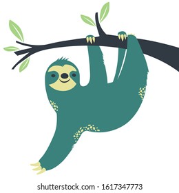 Funny sloth hanging on the tree. Template for your project.