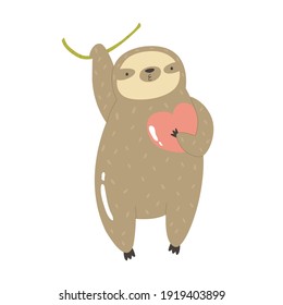 Funny sloth hanging on a tree with heart in the paws. Vector illustration of cute animal.