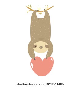 Funny sloth hanging on a tree with heart in it's paws. Vector illustration of cute animal.