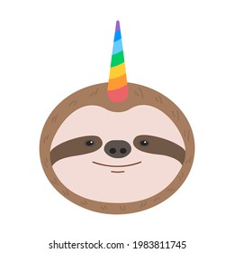 Funny sloth head with unicorn rainbow horn isolated on white background. Vector flat illustration for children design, cards, posters.