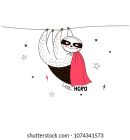 funny sloth hero, animal illustration for kids