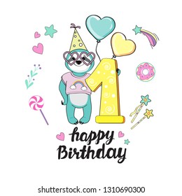 funny sloth holding the number 1 and the inscription happy birthday on a white background