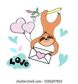 Funny sloth isolated with a letter and the inscription love on a white background for Valentine's Day