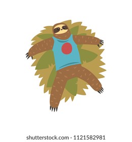 Funny sloth lying on the grass, lazy exotic rainforest animal character vector Illustrations on a white background
