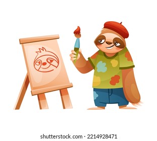 Funny Sloth Mammal as Artist Painting Picture with Drawing Easel and Brush Wearing Beret Vector Illustration