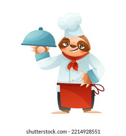 Funny Sloth Mammal as Chef Wearing Red Apron and Toque Holding Food Tray Vector Illustration