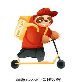 Funny Sloth Mammal as Deliveryman in Cap Riding Scooter Carrying Food Bag Vector Illustration