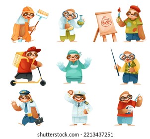 Funny Sloth Mammal Engaged in Different Occupation Wearing Professional Uniform Vector Set