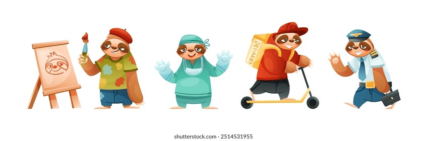 Funny Sloth Mammal Engaged in Different Occupation Wearing Professional Uniform Vector Set