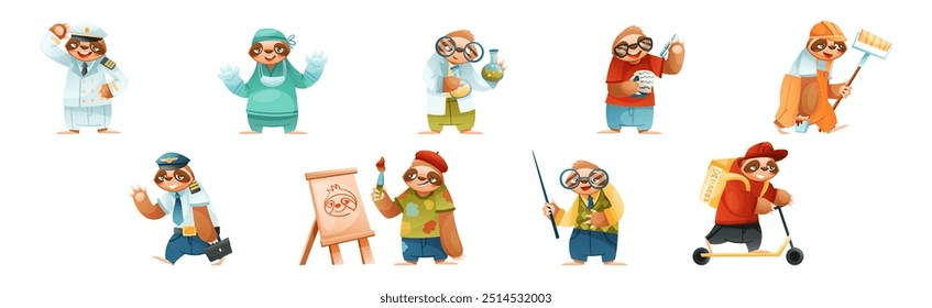 Funny Sloth Mammal Engaged in Different Occupation Wearing Professional Uniform Vector Set