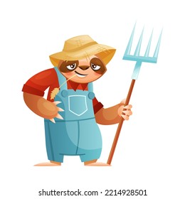 Funny Sloth Mammal as Farmer in Straw Hat with Pitchfork Chewing Spikelet Vector Illustration