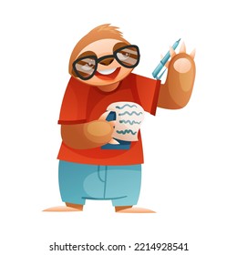 Funny Sloth Mammal as Journalist Wearing Glasses Writing Something in Notepad with Pen Vector Illustration