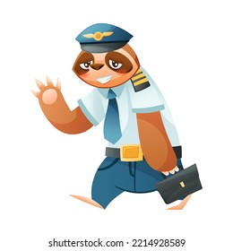 Funny Sloth Mammal as Pilot Wearing Professional Uniform Walking with Briefcase Vector Illustration