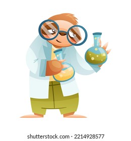 Funny Sloth Mammal as Scientist in Glasses with Chemical Flask Wearing Laboratory Coat Vector Illustration