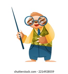 Funny Sloth Mammal as Teacher Wearing Glasses Holding Pointer Vector Illustration