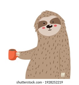 Funny sloth with a mug of coffee. Illustration for childrens illustrations, postcards, website.