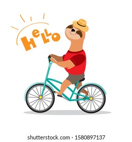 Funny sloth on a bicycle and the inscription hello on a white background
