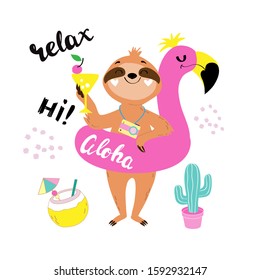 Funny sloth on an inflatable pink flamingo holds a cocktail and the inscription aloha on a white background. Summer concept for children