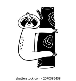 Funny sloth on the tree. Doodle style illustration of the sloth.