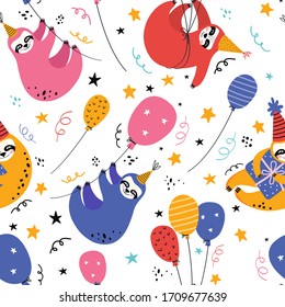 Funny sloth at a party with balloons seamless pattern. Birthday of a cute bear. Animal festival. Bright festive background for decorating holidays and festivals. Vector flat illustration