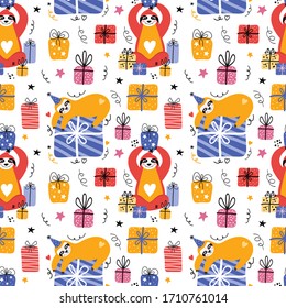 Funny sloth a party with gift boxes and presents seamless pattern. Birthday of a cute bear cub. Festival of animals. Сolorful background for decorating holidays and festivals. Vector flat illustration