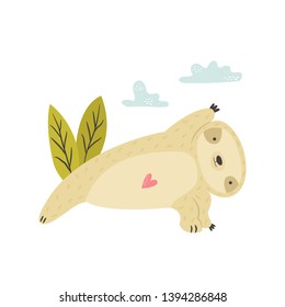 Funny sloth practicing yoga. Cute animal isolated on white background for prints
