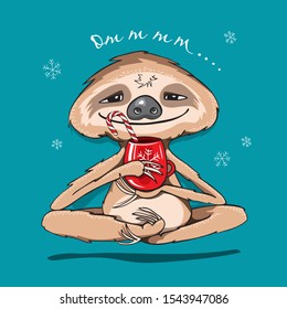 Funny Sloth with a red mug meditates. Merry Christmas and New Year card, hand drawn style print. Vector illustration.