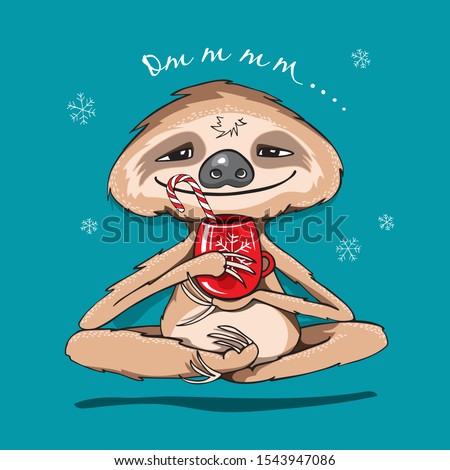Funny Sloth with a red mug meditates. Merry Christmas and New Year card, hand drawn style print. Vector illustration.