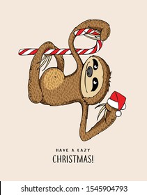 Funny Sloth with a Santa's hat on a lollipop. Merry Christmas and New Year card, hand drawn style print. Vector illustration.