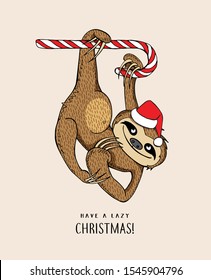 Funny Sloth in a Santa's hat on a lollipop. Merry Christmas and New Year card, hand drawn style print. Vector illustration.