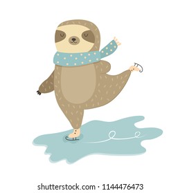 Funny sloth in scarf skating on ice. Winter design.