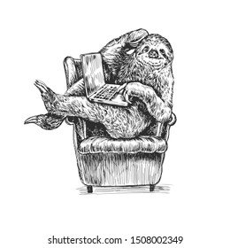 Funny Sloth Sits In A Chair With Laptop Style Engraving Sketch Vector