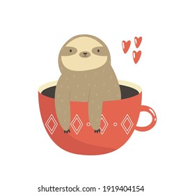 Funny sloth sitting inside of red mug. Vector illustration of a cute animal