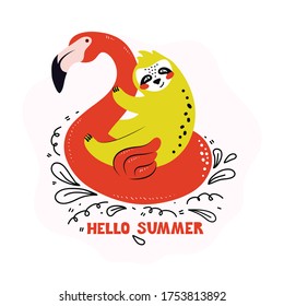 La pereza divertida está sentada en un círculo inflable de Flamingo. Baños y natación de animales de un personaje de dibujos animados. Hora de verano y vacaciones. Palabra escrita a mano Hola verano. Ilustración de vector plano dibujado a mano