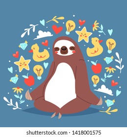 Funny sloth sitting in yoga lotus pose and relaxing vector illustration for banners. Cute sloth yoga. Cartoon animal background with icons of duck. Heart, diamond, flower, apple, star.