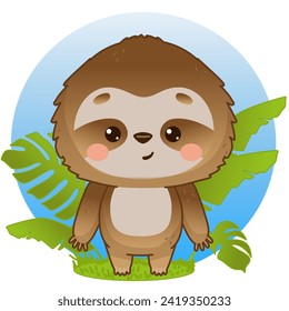 A funny sloth stands in the foliage. Cute kawaii-style sloth. Vector illustration for designs, prints and patterns. Vector illustration