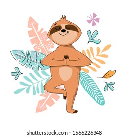 Funny sloth stands in a yoga pose in a tree pose on a white background