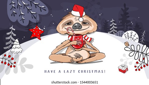 Funny Sloth in a striped scarf, in a Santa's hat with a mug meditates under the star. Fantastic winter Landscape. Merry Christmas and New Year card, hand drawn style print. Vector illustration.