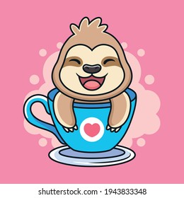 Funny Sloth with Sweet Smile on Cup. Animal Vector Icon Illustration, Isolated on Premium Vector.