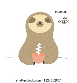 Funny Sloth tasting cup of coffee. Enjoy the morning