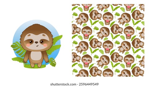 Funny sloth. This adorable vector design is a seamless pattern perfect for fabric, linens, wrapping paper and t-shirt prints, invitations.